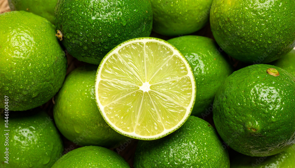 Fresh limes with water drops. Tasty and juicy citrus fruit. Top view. Natural backdrop. Fresh limes with water drops. Tasty and juicy citrus fruit. Top view. Natural backdrop.