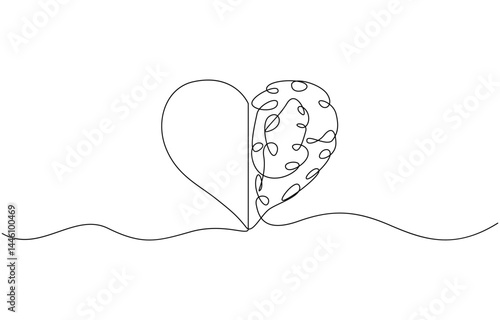 One continuous line drawing of half human brain and love heart shape logo icon, Vector graphics post, One line drawing of half of a human brain style.