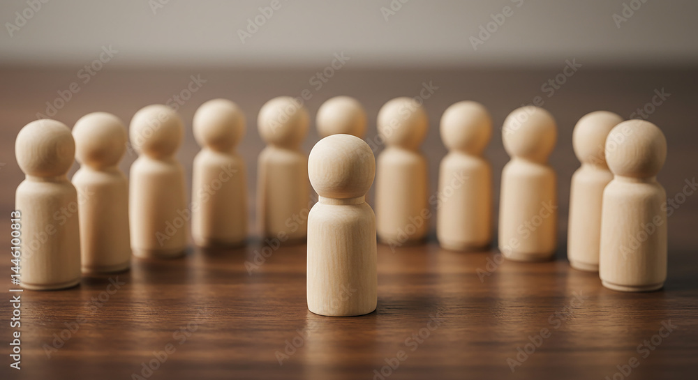 A group of wooden peg dolls standing on a wooden surface with one in front of the others A group of wooden peg dolls standing on a wooden surface with one in front of the others