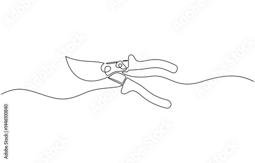 Continuous one line drawing of secateurs plant equipment, Gardening hedge trimmers line drawing with editable stroke, minimalist design concept pro style. vector illustration.