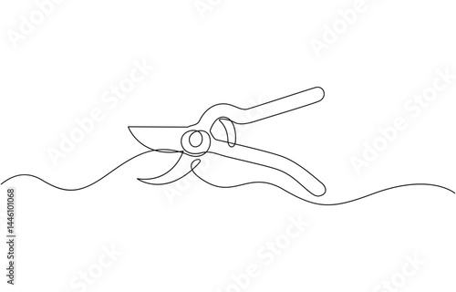 Continuous one line drawing of secateurs plant equipment, Gardening hedge trimmers line drawing with editable stroke, minimalist design concept pro style. vector illustration.