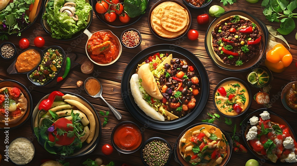 Fresh and vibrant vegetarian menu with salads and dishes Fresh and vibrant vegetarian menu with salads and dishes