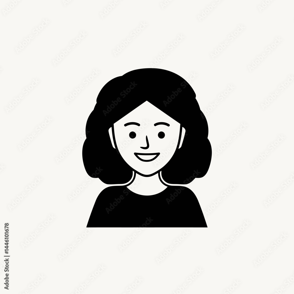 Minimalist Black and White Vector Portrait of Smiling Woman with Curly Hair Minimalist Black and White Vector Portrait of Smiling Woman with Curly Hair