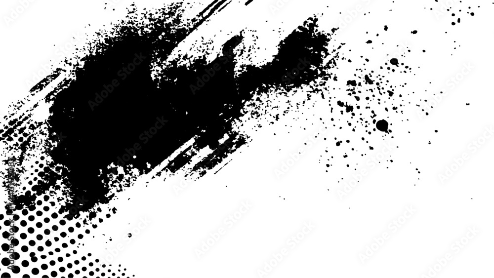 Naklejka premium Vector new style halftone dots modern grunge texture. Black Ink splatter brush stroke on black halftone dots abstract white background 