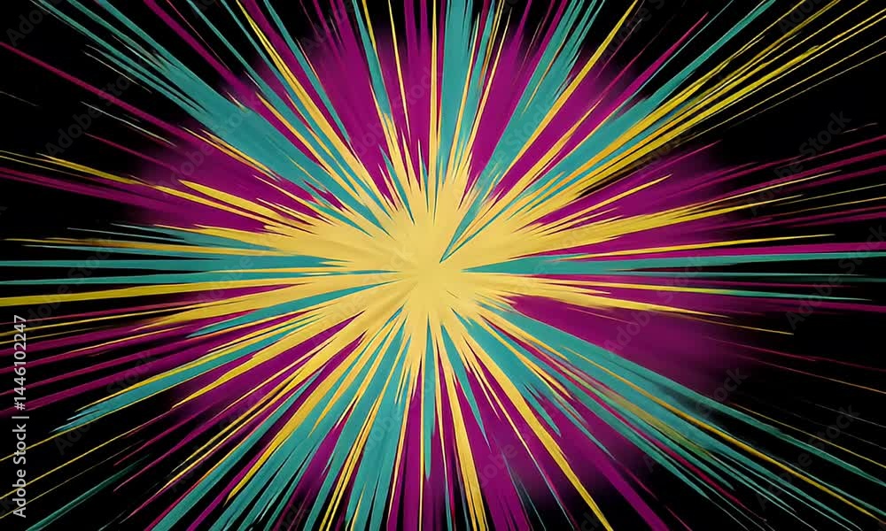 Abstract Burst Design With Gold Yellow Teal And Magenta Colors On Black Background Abstract Burst Design With Gold Yellow Teal And Magenta Colors On Black Background