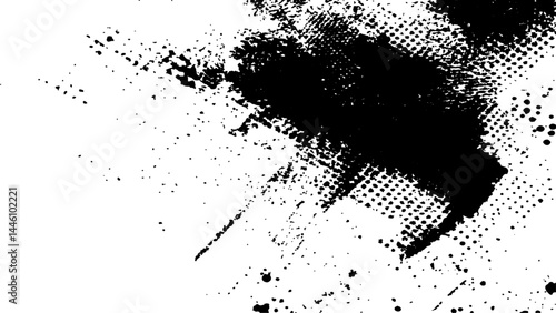 Vector new style halftone dots modern grunge texture. Black Ink splatter brush stroke on black halftone dots abstract white background	