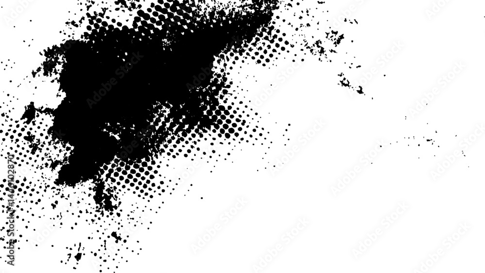 Obraz premium Vector new style halftone dots modern grunge texture. Black Ink splatter brush stroke on black halftone dots abstract white background 