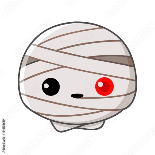 Vector - illustrated cute cartoon mummy in white with brown bandages and a red eye, ideal for Halloween, festive, and spooky - themed projects in a playful design style.
