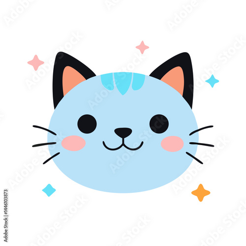 Vector - designed cute and vibrant icon of a blue cartoon cat face with black ears, orange inner ears, pink blushes, and a smiling expression, perfect for children's, playful projects in a flat design