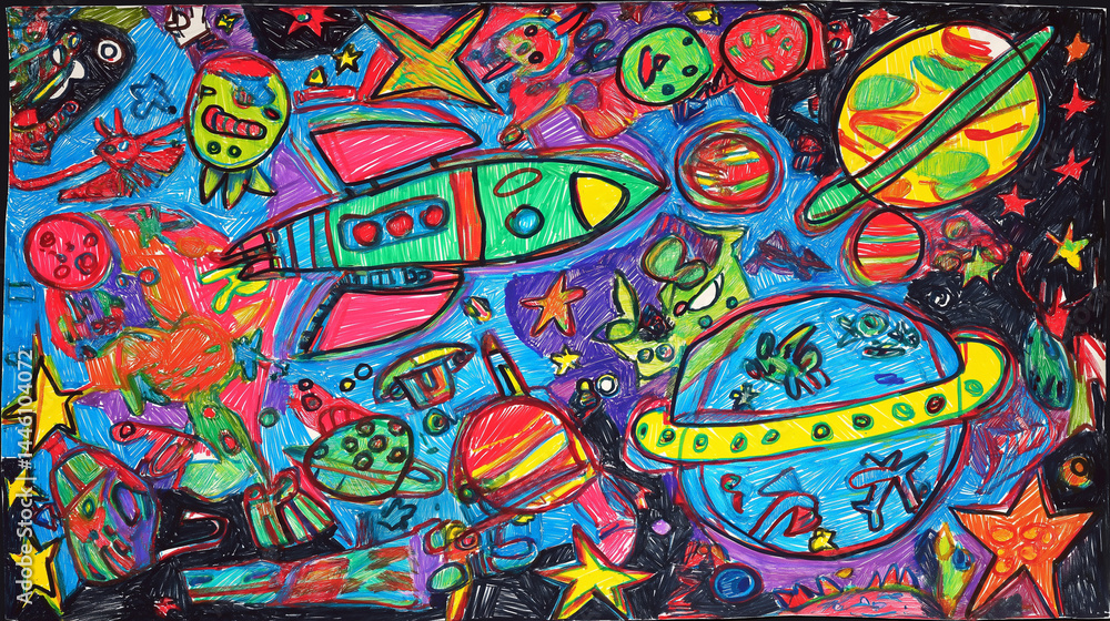 Obraz premium Colorful Children's Space-Themed Drawing with Rockets and Planets
