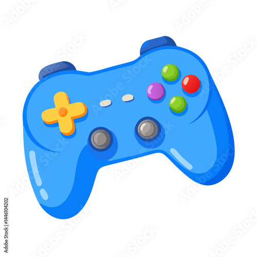 Vector - styled cute icon of a blue cartoon game controller with colorful buttons, perfect for gaming, children's, playful projects.