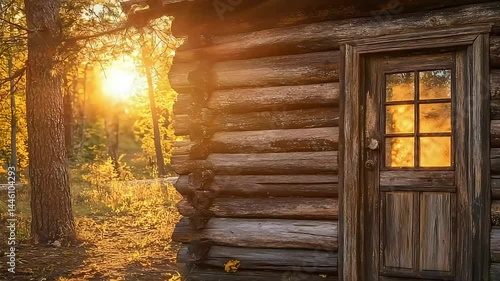 Rustic wooden cabin sunset forest