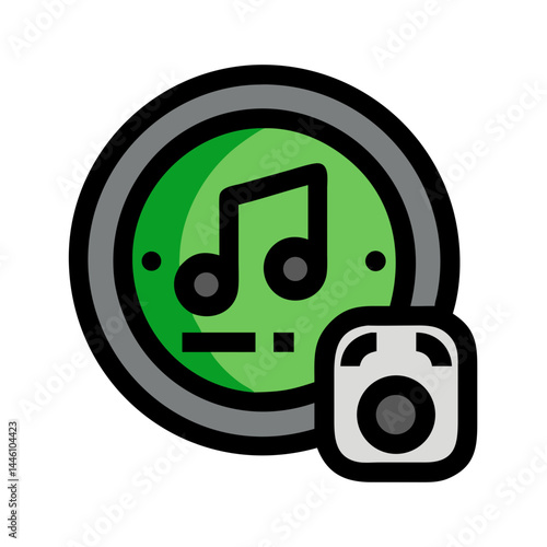 Vector - based fun - styled icon of a green circle with a black musical note and a small camera, suitable for music - photography, creative, or multimedia - themed projects.