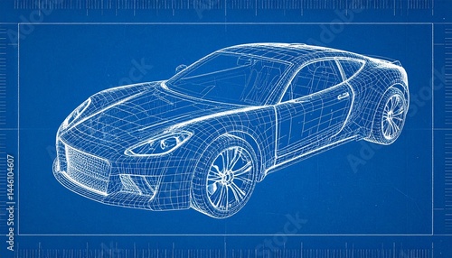 Futuristic Sports Car Blueprint Wireframe — CAD Concept