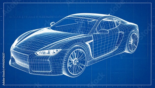 Futuristic Sports Car Blueprint Wireframe — CAD Concept