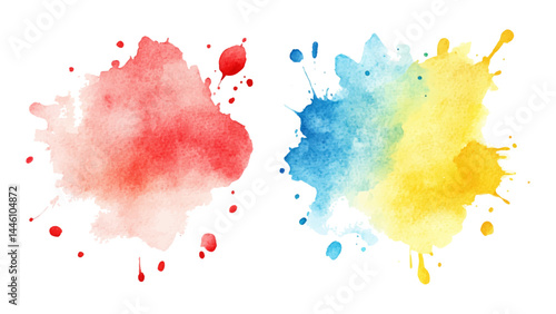 Set of watercolor circles brash multicolored. watercolor on white transparent background. Three watercolor spots with colorful drops and spray on a white background for artistic design projects