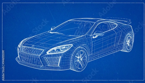 Futuristic Sports Car Blueprint Wireframe — CAD Concept