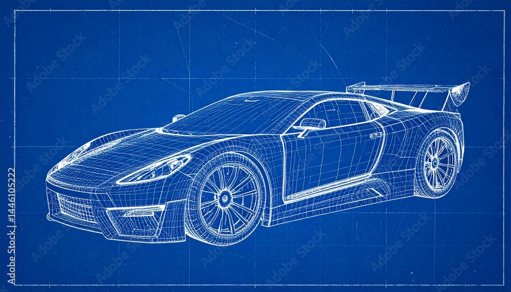 Naklejka premium Futuristic Sports Car Blueprint Wireframe — CAD Concept