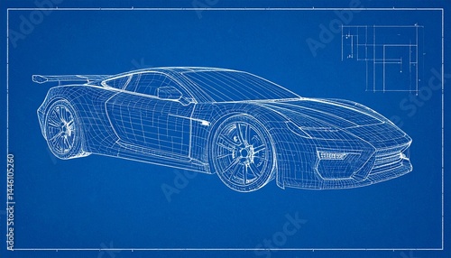 Futuristic Sports Car Blueprint Wireframe — CAD Concept