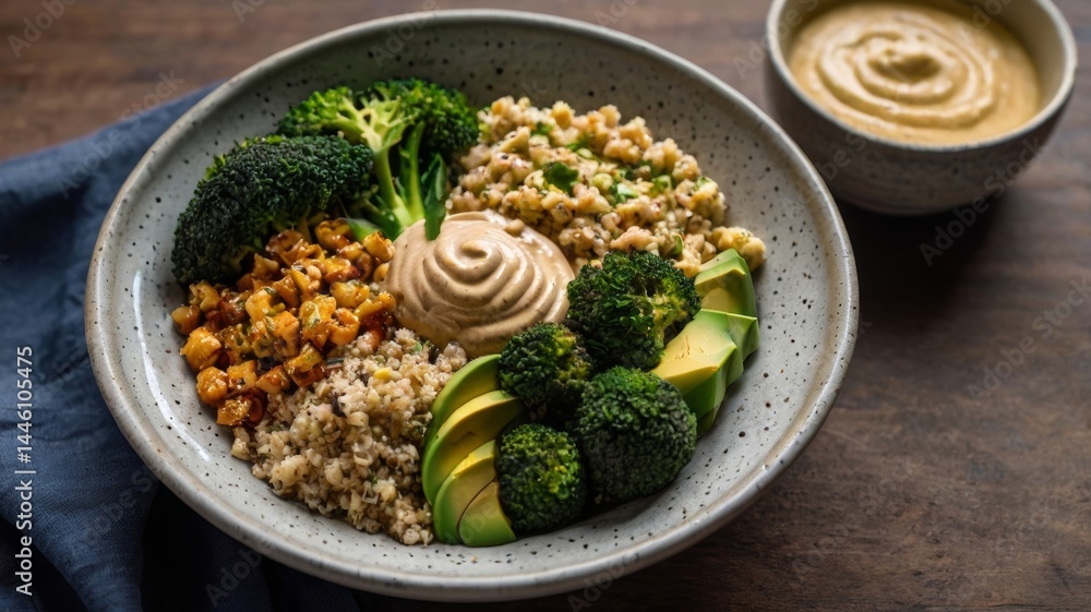 Buddha bowl with roasted broccoli, quinoa, hummus, and avocado in a ceramic plate
Buddha bowl with roasted broccoli, quinoa, hummus, and avocado in a ceramic plate