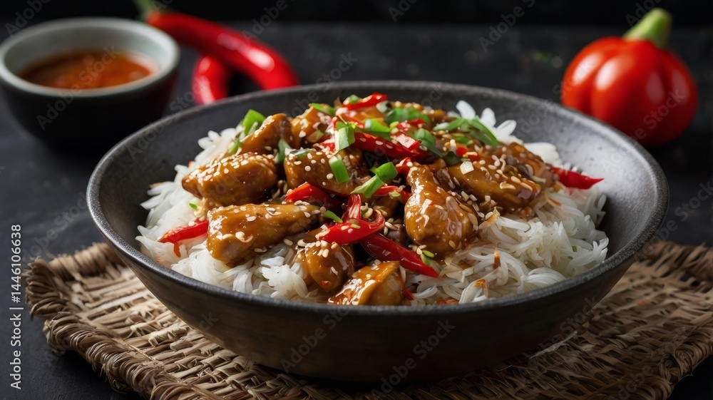 Spicy chicken wok with hot sauce, eggplant, and sesame Spicy chicken wok with hot sauce, eggplant, and sesame