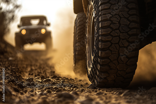Rugged off road tire on dusty dirt road with vehicle in background during golden hour