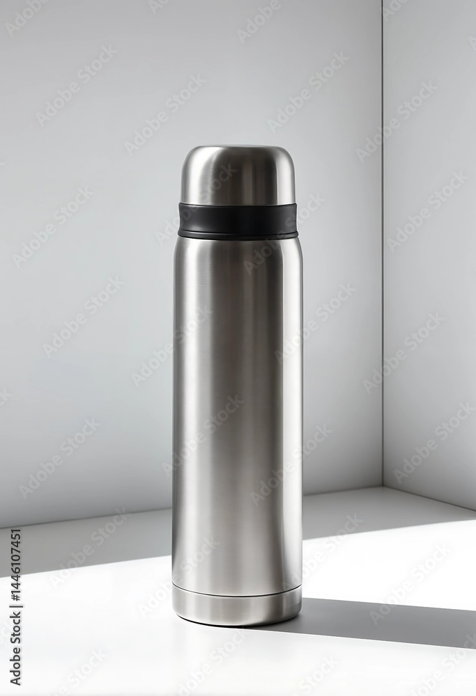 Stainless steel thermos standing in bright corner light on white surface