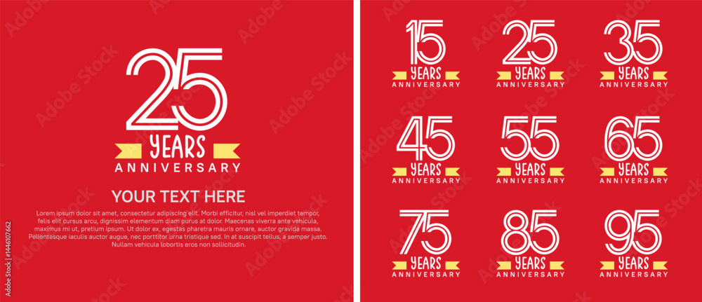 logo anniversary set. white color with yellow ribbon on red background for special event logo anniversary set. white color with yellow ribbon on red background for special event