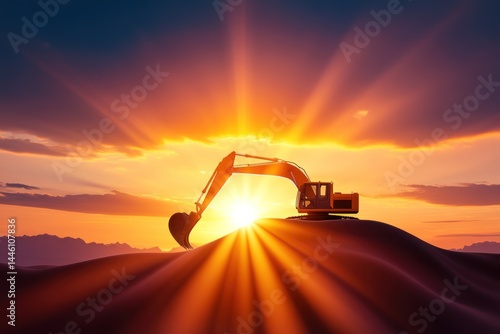 Excavator Silhouette at Sunset Majestic Landscape