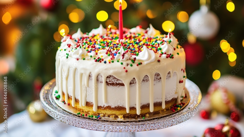 Festive Christmas cake with colorful sprinkles and dripping frosting.