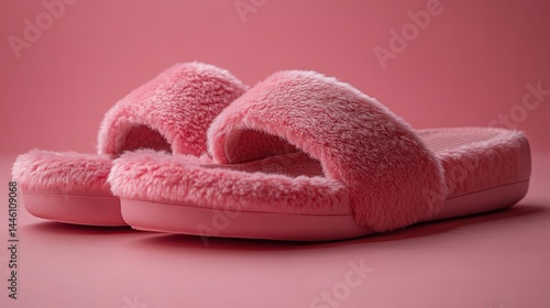 Monochromatic aesthetic of pink faux fur slippers offering comfort and coziness