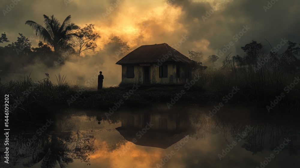 Fototapeta premium Misty sunrise over abandoned house