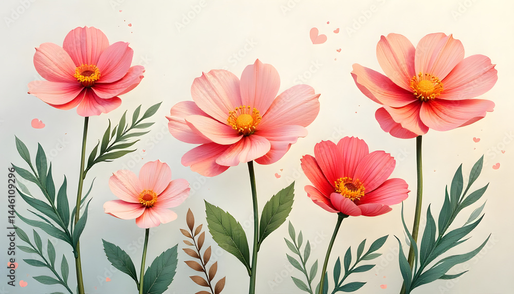 Fototapeta premium Beautiful illustration of pink cosmos flowers in full bloom with striking yellow centers.