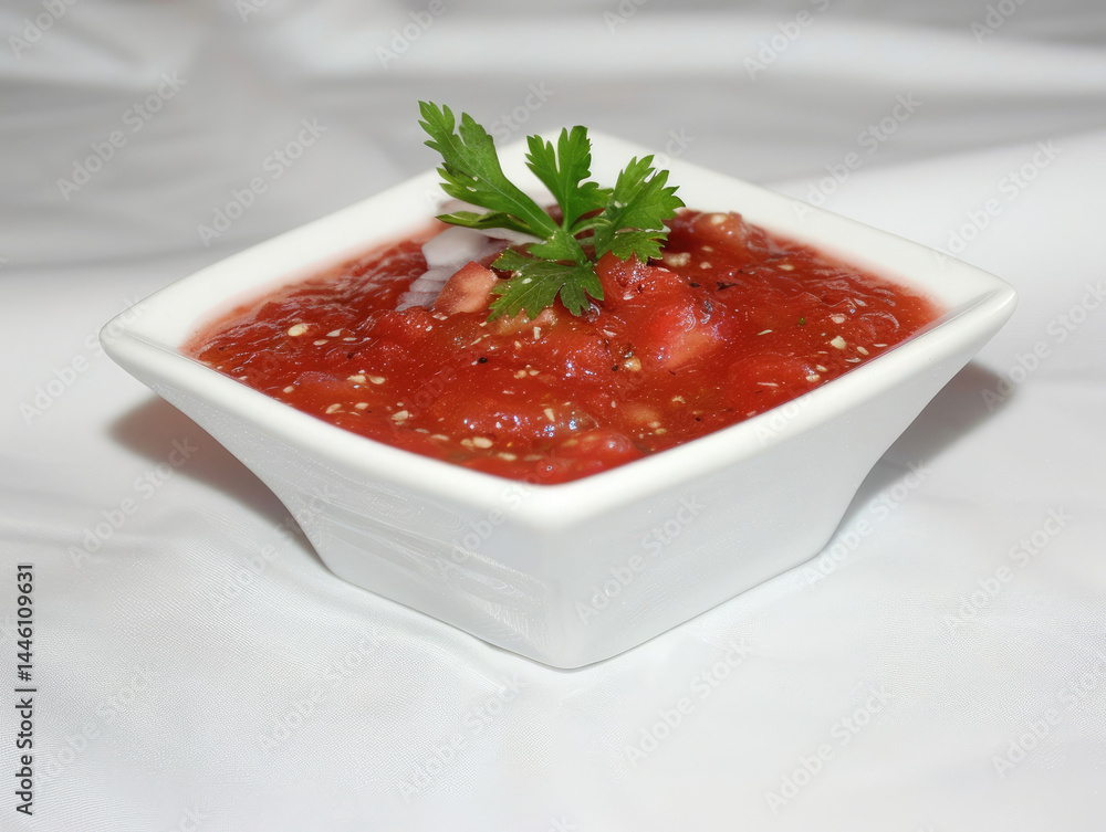 Red salsa in white square bowl Red salsa in white square bowl