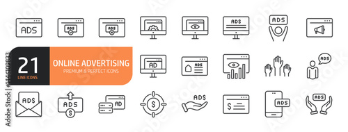Set of line icons related to online advertising and more. Outline icons collection. Editable stroke. Vector illustration.
