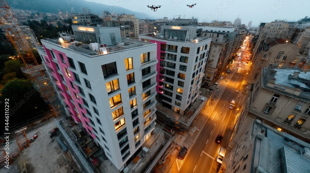 Fototapeta premium Modern Residential Buildings with Drone Flying Above in an Urban City at Dusk