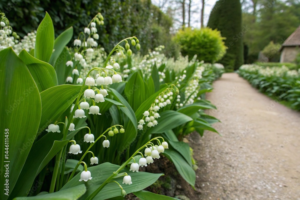White Lily of the Valley Flowers in Bloom with Green Leaves – Spring Nature Background White Lily of the Valley Flowers in Bloom with Green Leaves – Spring Nature Background