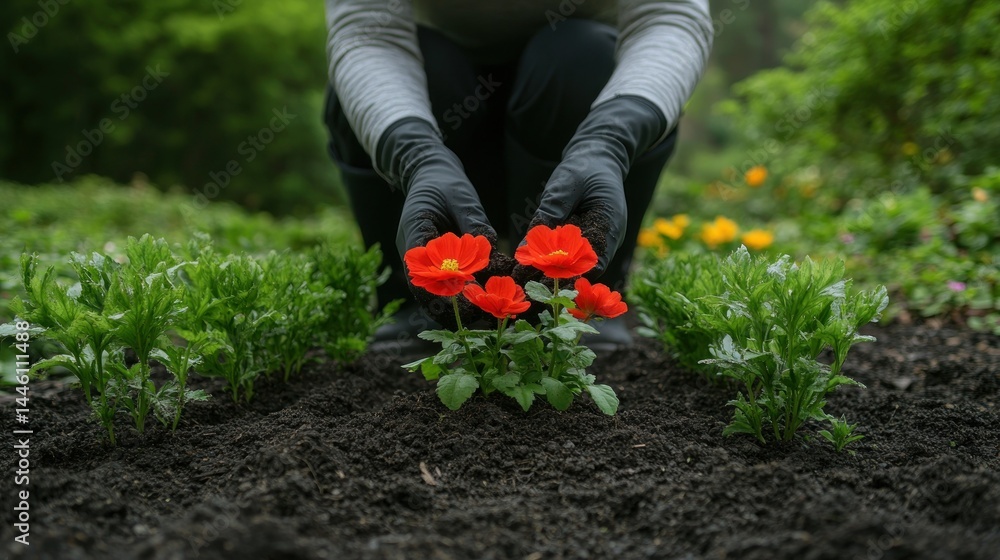 Fototapeta premium Gardener planting vibrant flowers in a lush garden setting