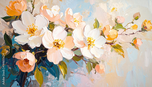 Oil painting of delicate peach-white flowers. Floral artwork. Abstract textured hand drawn art.