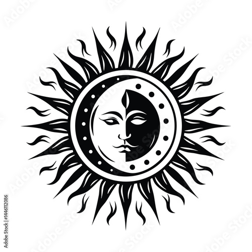 Sun and Moon Face in Symmetry Celestial Circle with Light and Darkness Symbolism