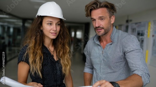 Female Architect Wearing Safety Helmet Discussing Project Plans with Male Colleague in Modern Office photo