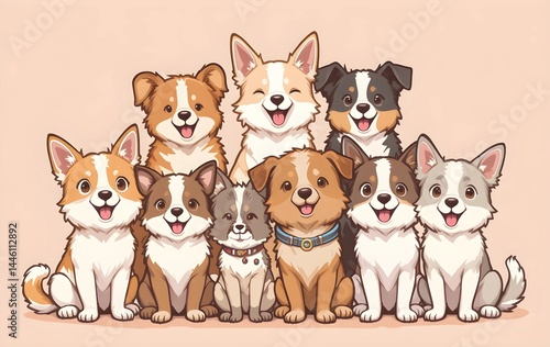 Set of cartoon dogs, pack of cute vector dogs of different breed