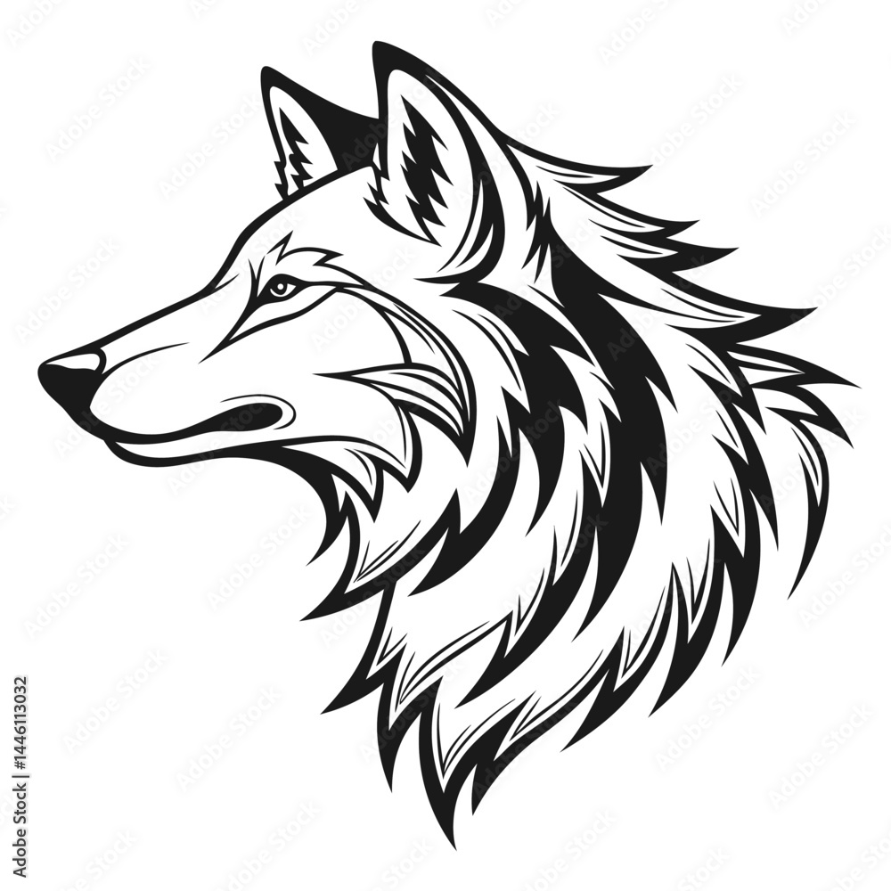 Fototapeta premium Striking Wolf Head Illustration, Monochrome Design, Wild Animal Portrait, Intricate Details