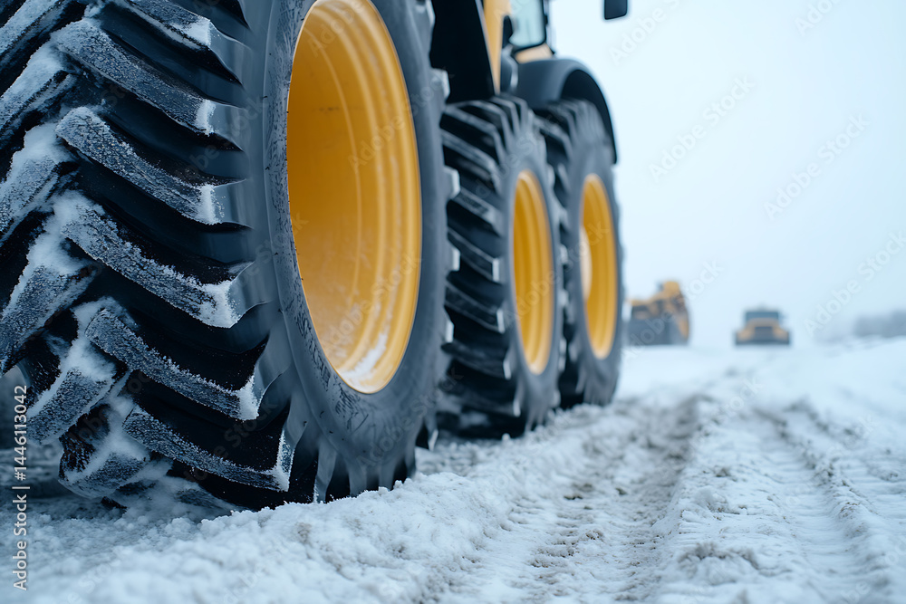 Heavy machinery traverses a snowy landscape, its robust tires leaving deep tracks in the pristine white powder. Winter work in progress. Heavy machinery traverses a snowy landscape, its robust tires leaving deep tracks in the pristine white powder. Winter work in progress.