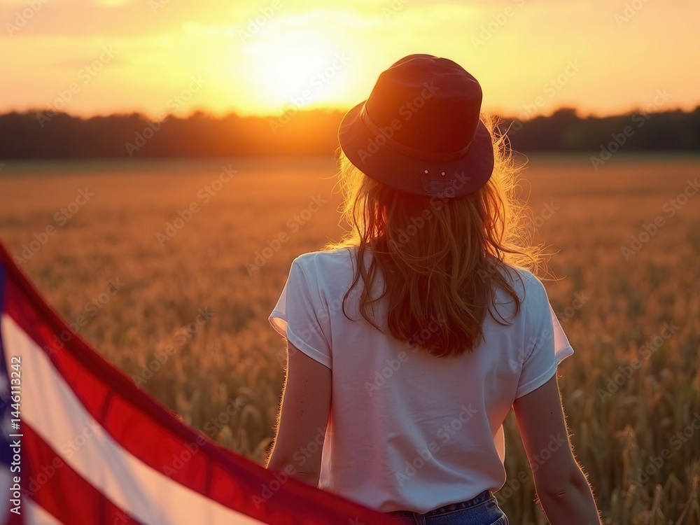 Beautiful girl with the American flag in a wheat field at sunset. 4th of July. Independence Day..