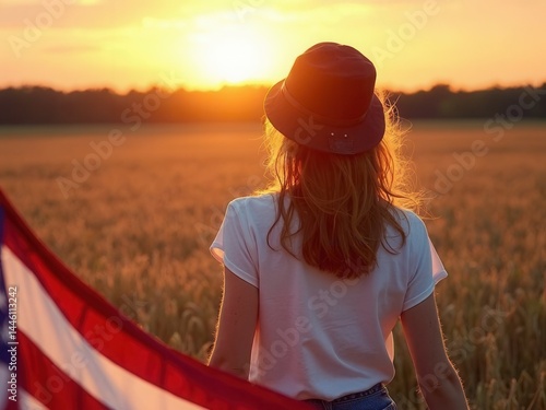 Obraz na płótnie Beautiful girl with the American flag in a wheat field at sunset. 4th of July. Independence Day.. w salonie