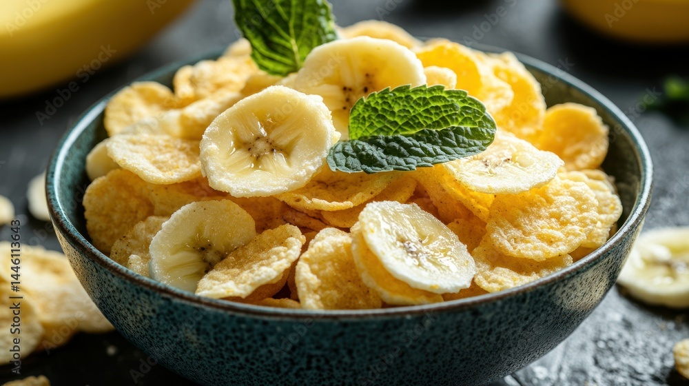 Bowl of crispy cereal with sliced bananas and mint Bowl of crispy cereal with sliced bananas and mint