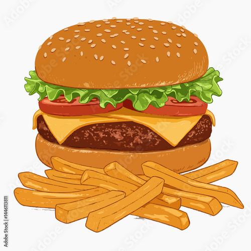 A vector illustration of a gourmet burger with lettuce, tomato, and cheese, served with crispy fries.