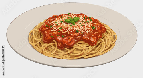 A vector illustration of a bowl of pasta with tomato sauce, herbs, and grated cheese on top.