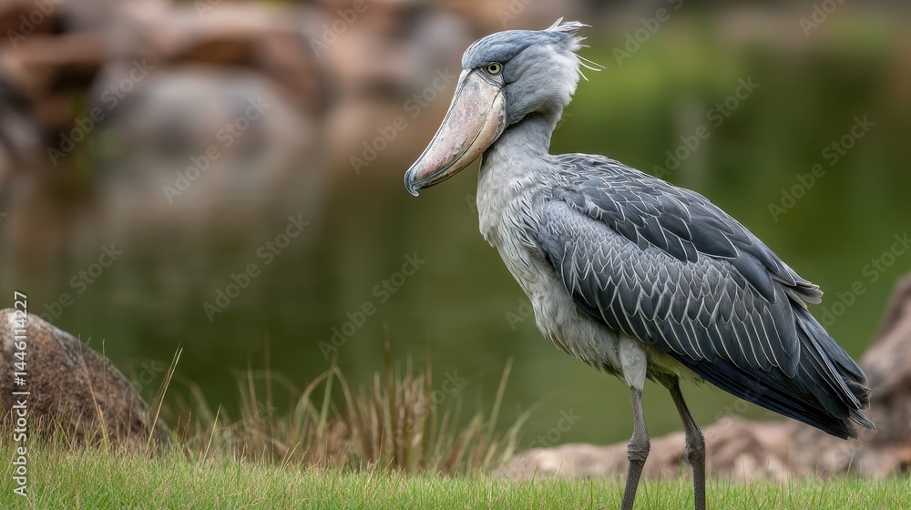 Fototapeta premium Shoebill Stork Profile, Serene Posture, Green Grass Background